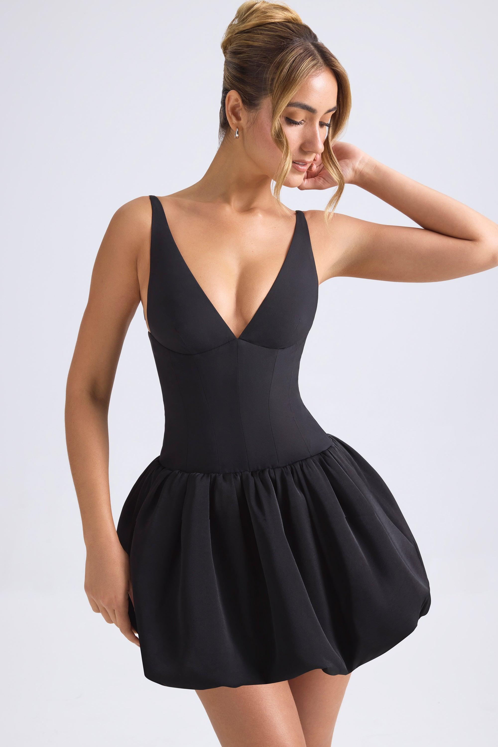 Lace-Up Bubble Hem Corset Micro Mini Dress in Black Product Image