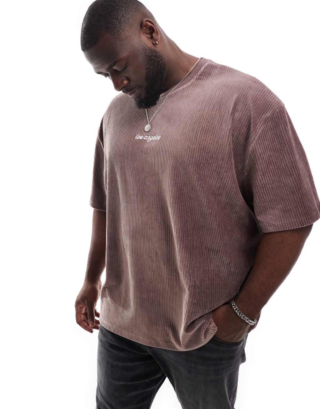 ASOS DESIGN oversized t-shirt in ribbed velour with city embroidery Product Image