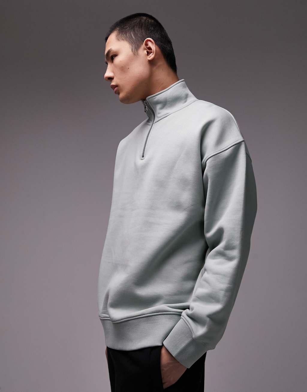 Topman premium heavyweight oversized 1/4 zip sweatshirt in sage Product Image