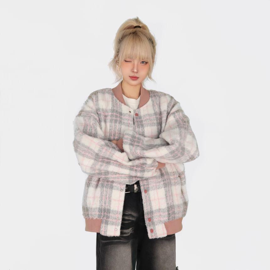 Plaid Zip-Up Bomber Jacket Product Image