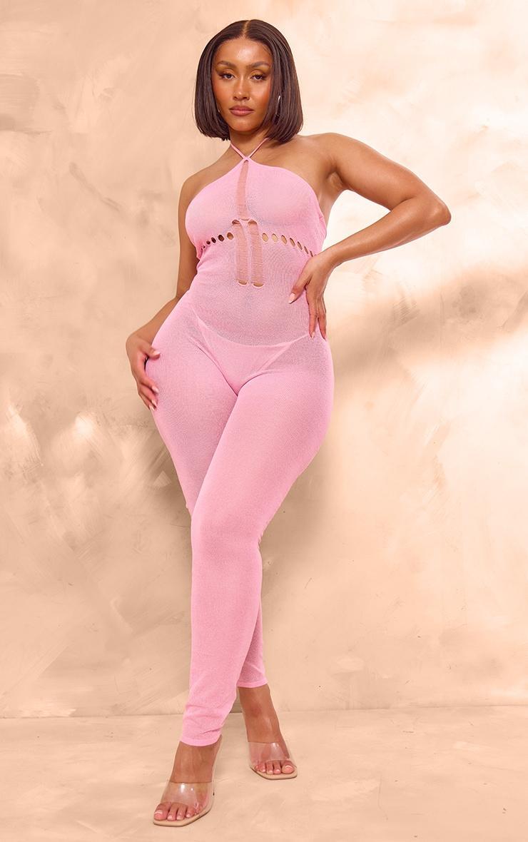 Shape Pink Knit Sheer Halterneck Jumpsuit Product Image