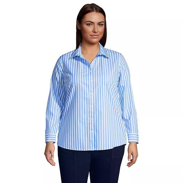 Plus Size Lands End Wrinkle-Free No Iron Button-Front Shirt, Womens Deep Blue Wildflower Product Image