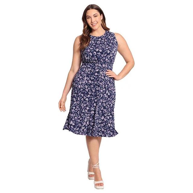 Plus Size London Times Floral Print Elbow Sleeve Inset Waist Midi Dress, Womens Product Image