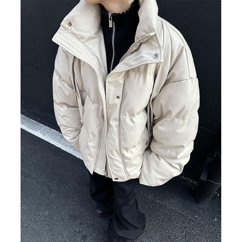 Stand Collar Plain Panel Faux Leather Zip Puffer Jacket Product Image