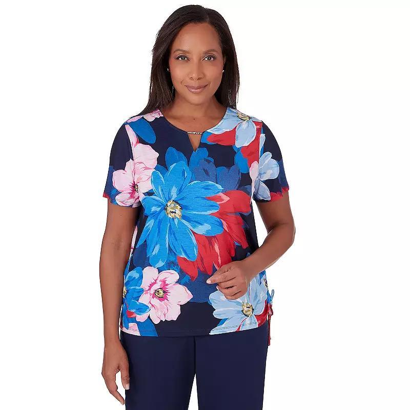 Womens Alfred Dunner Dramatic Flower Print Ruched Short Sleeve Top Product Image