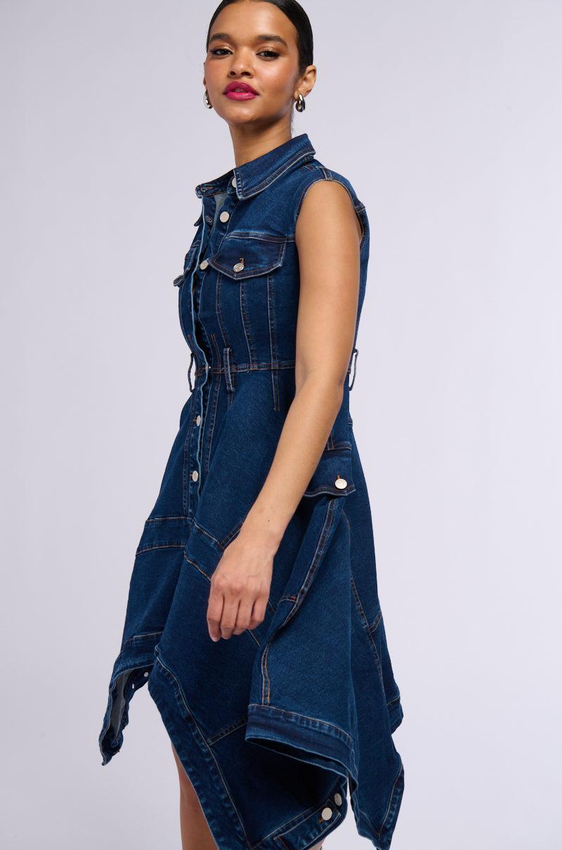 WINONA CAP SLEEVE BUTTON DOWN DENIM MIDI DRESS IN DARK BLUE Product Image