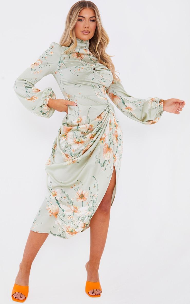 Sage Green Floral Twist Bust Draped Midi Dress Product Image