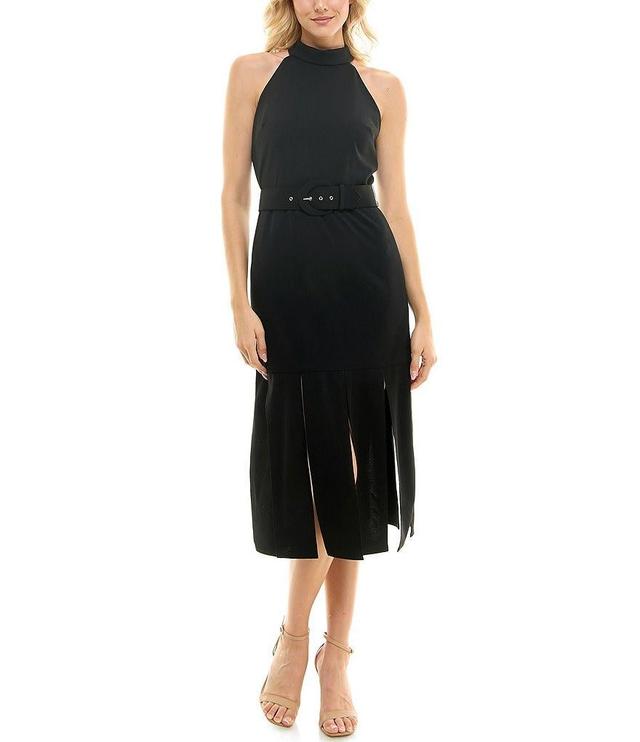 Maison Tara Stretch Crepe Sleeveless Halter Neck Carwash Hem Belted Midi Sheath Dress Product Image