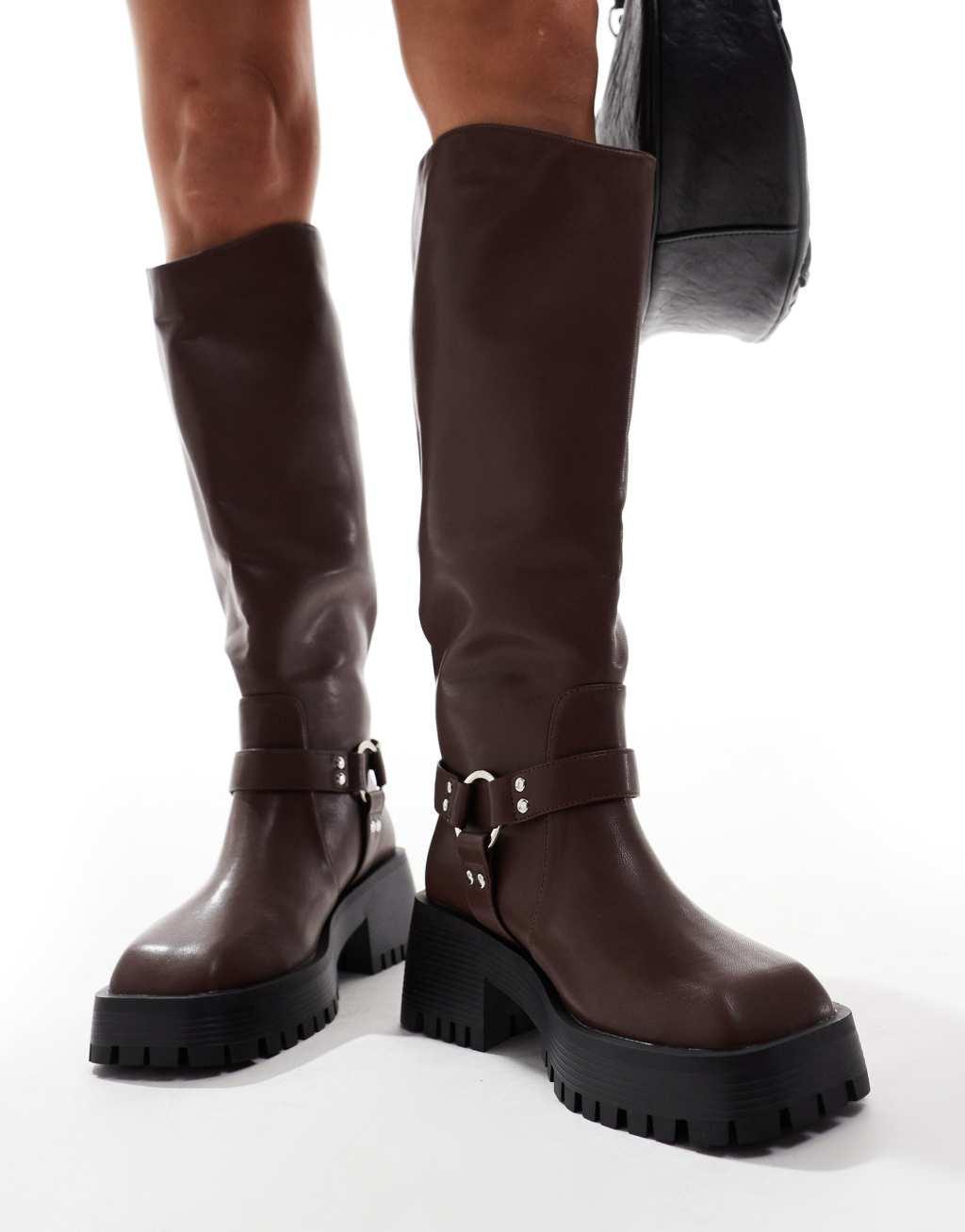 RAID Wide Fit Ultra biker knee boots with square toe in brown Product Image