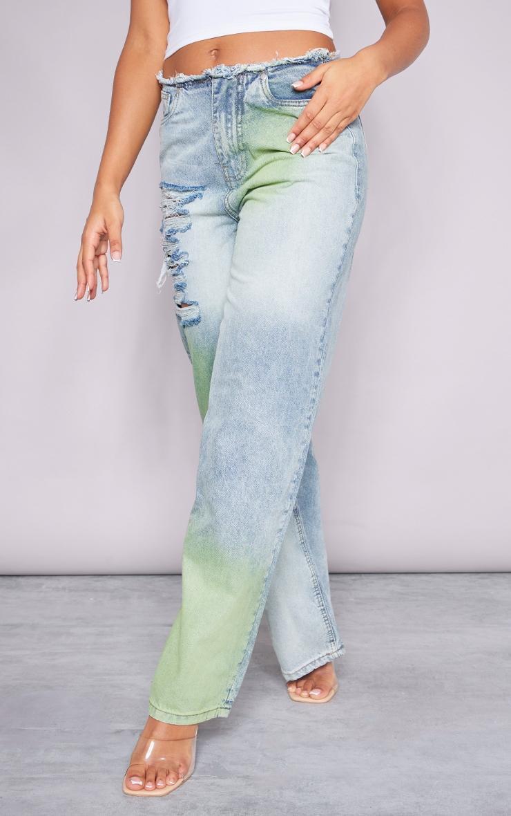 Green Tint Vintage Wash Distressed Seam Detail Wide Leg Jeans Product Image