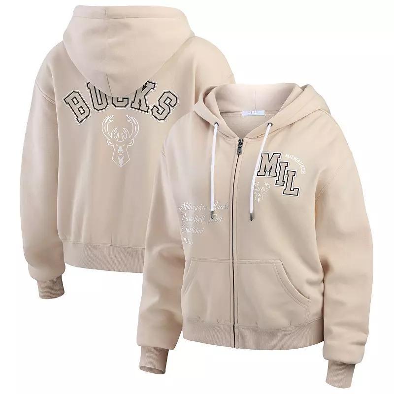 Womens WEAR by Erin Andrews Tan Milwaukee Bucks Tonal Felt Patch Full-Zip Hoodie product image