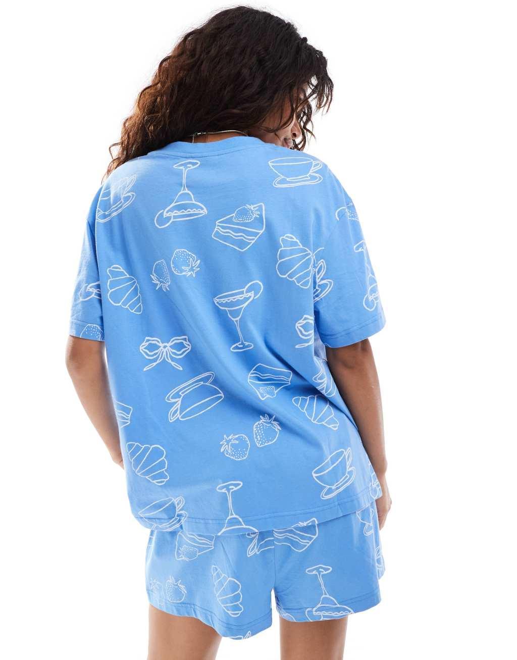 ASOS DESIGN brunch oversized tee & short pajama set in blue Product Image