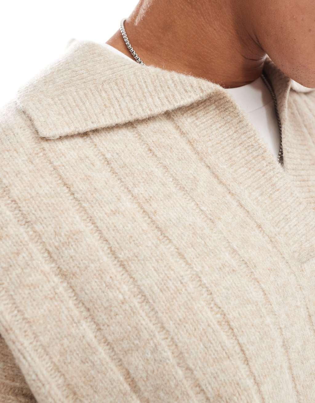 ASOS DESIGN oversized rib knit notch neck sweater in heathered stone Product Image