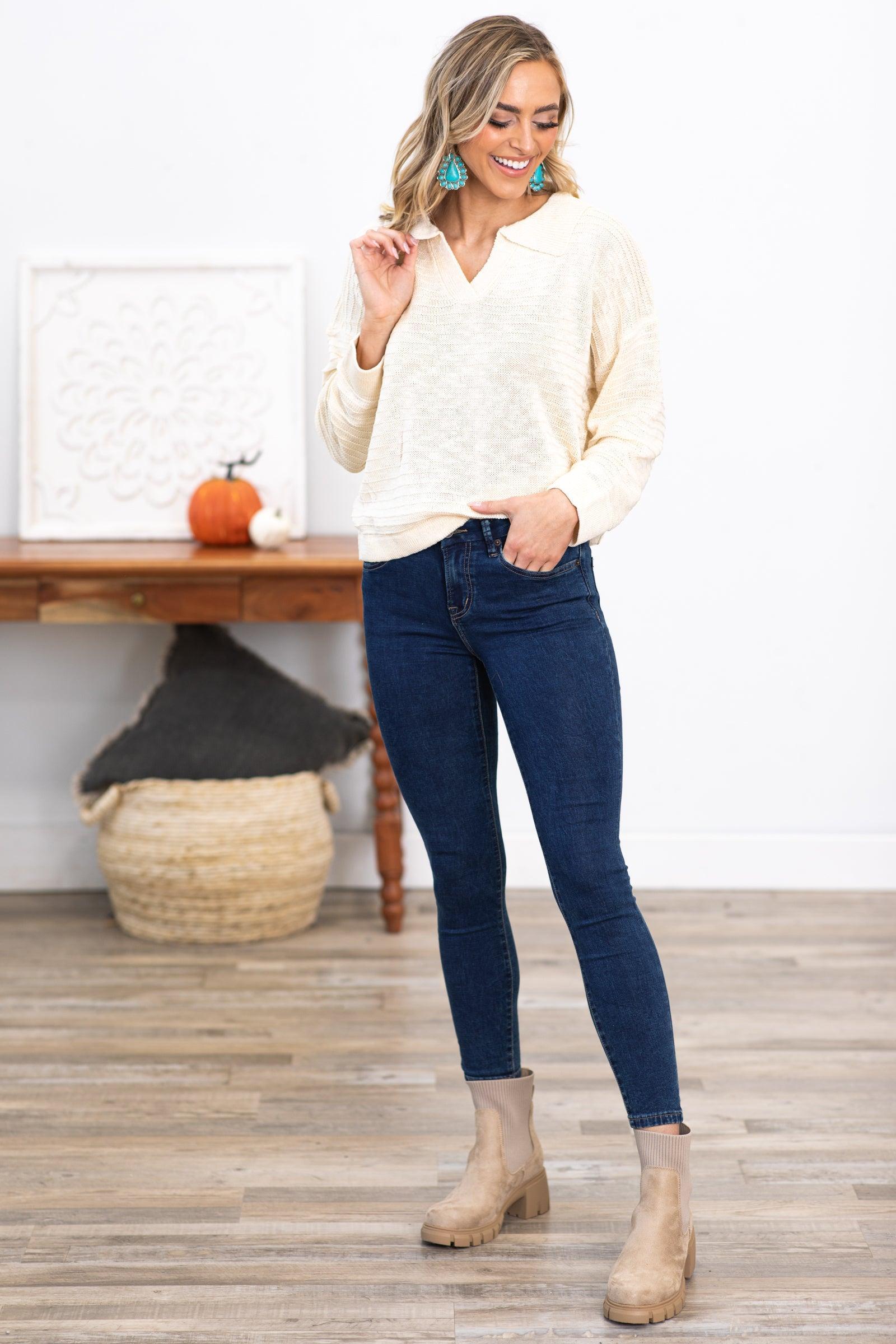 Cream Textured Sweater With Collar Product Image