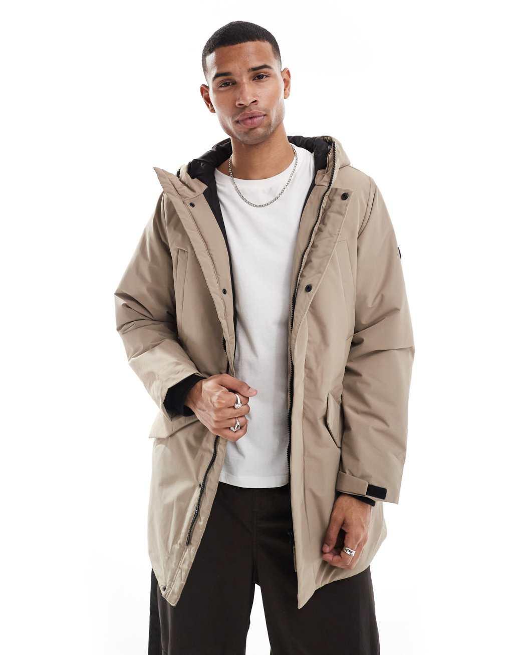 ONLY & SONS technical parka with hood in taupe Product Image