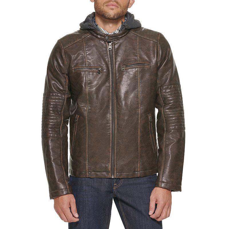 Mens Levis Faux-Leather Hooded Racer Jacket Beige Product Image