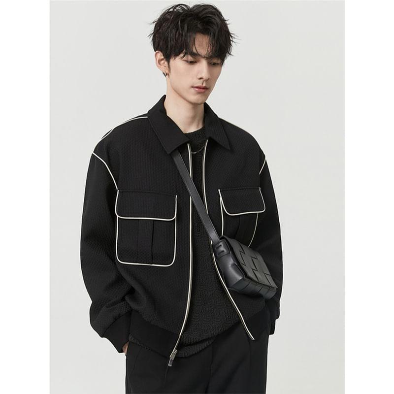 Collared Contrast Trim Zip-Up Jacket Product Image