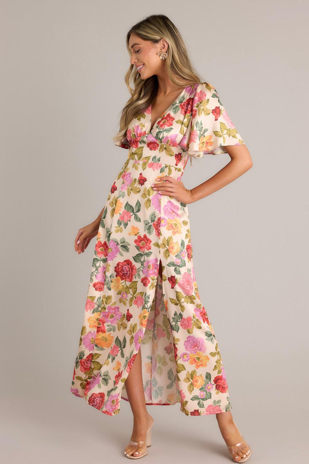 Rosewood Romance Beige Multi Floral Futter Sleeve Maxi Dress Product Image