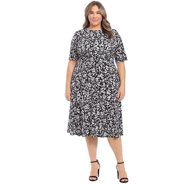 London Times Plus Size Floral-Print Short-Sleeve Midi Dress - Black Product Image