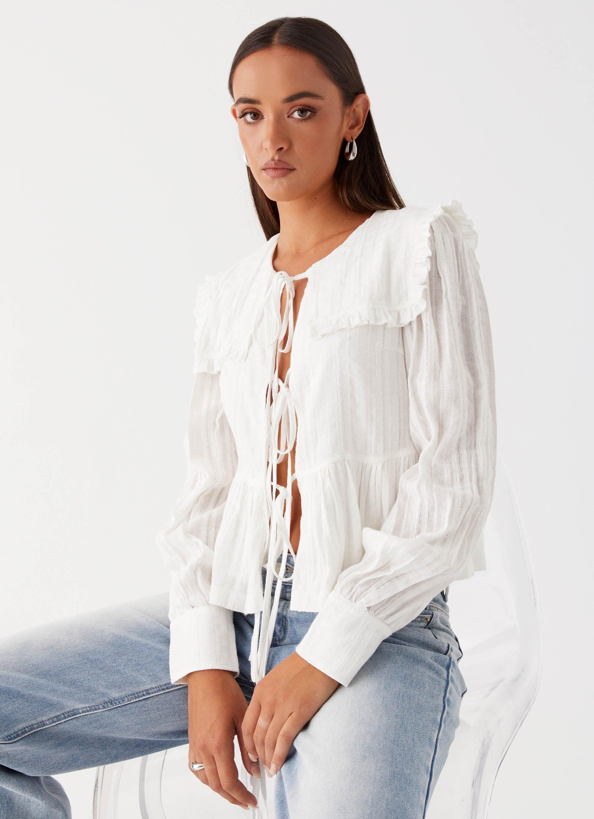 Emerson Tie Front Long Sleeve Top - White Product Image