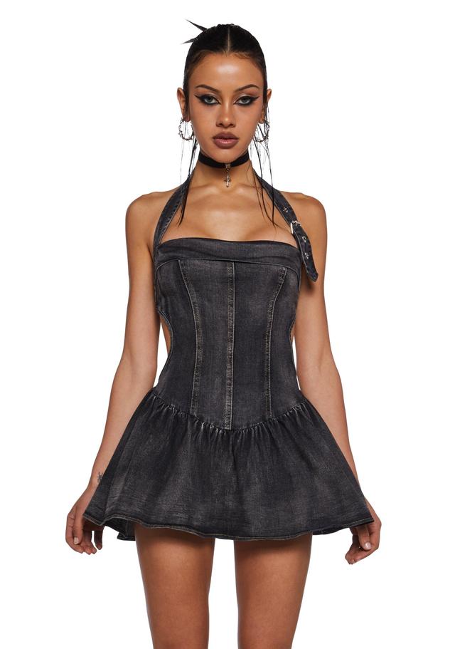 Denim Halter Mini Dress - Black Product Image