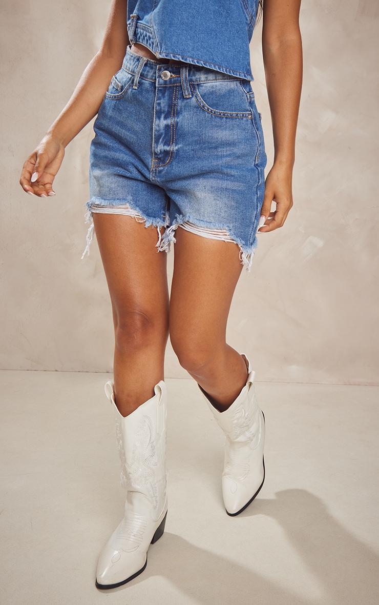 Petite Dark Blue Wash Ripped Denim Shorts Product Image