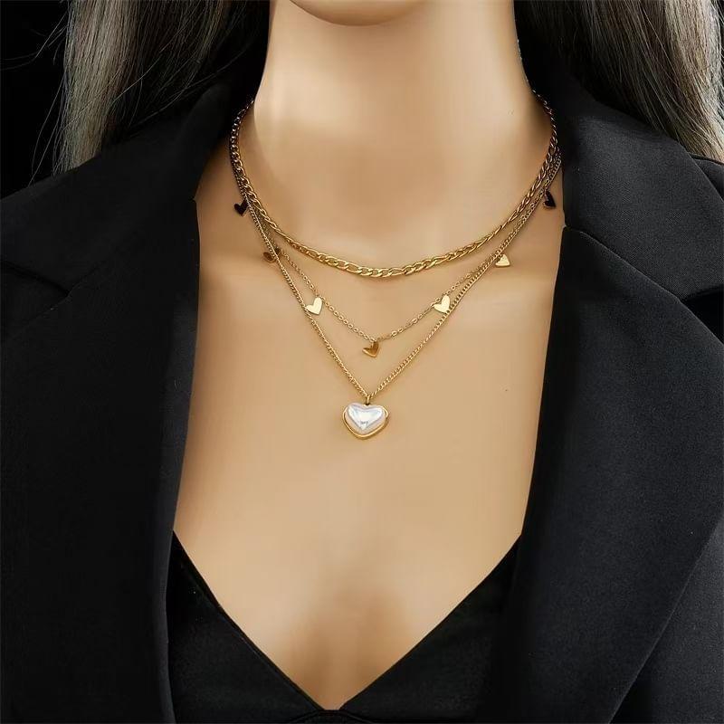 Heart Faux Pearl Layered Stainless Steel Necklace Product Image