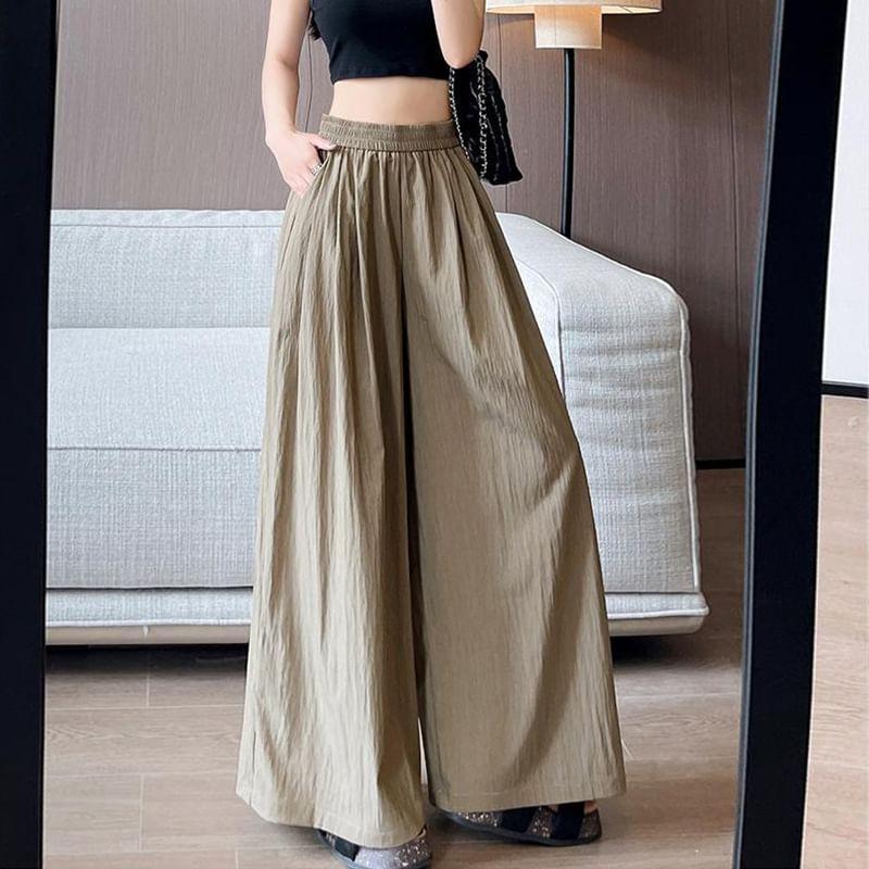 Elastic Waist Plain Ruched Wide Leg Pants Product Image