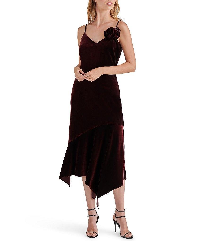 Steve Madden Lucille Velvet V-Neck Sleeveless Rosette Asymmetrical Hem Slip Midi Dress Product Image