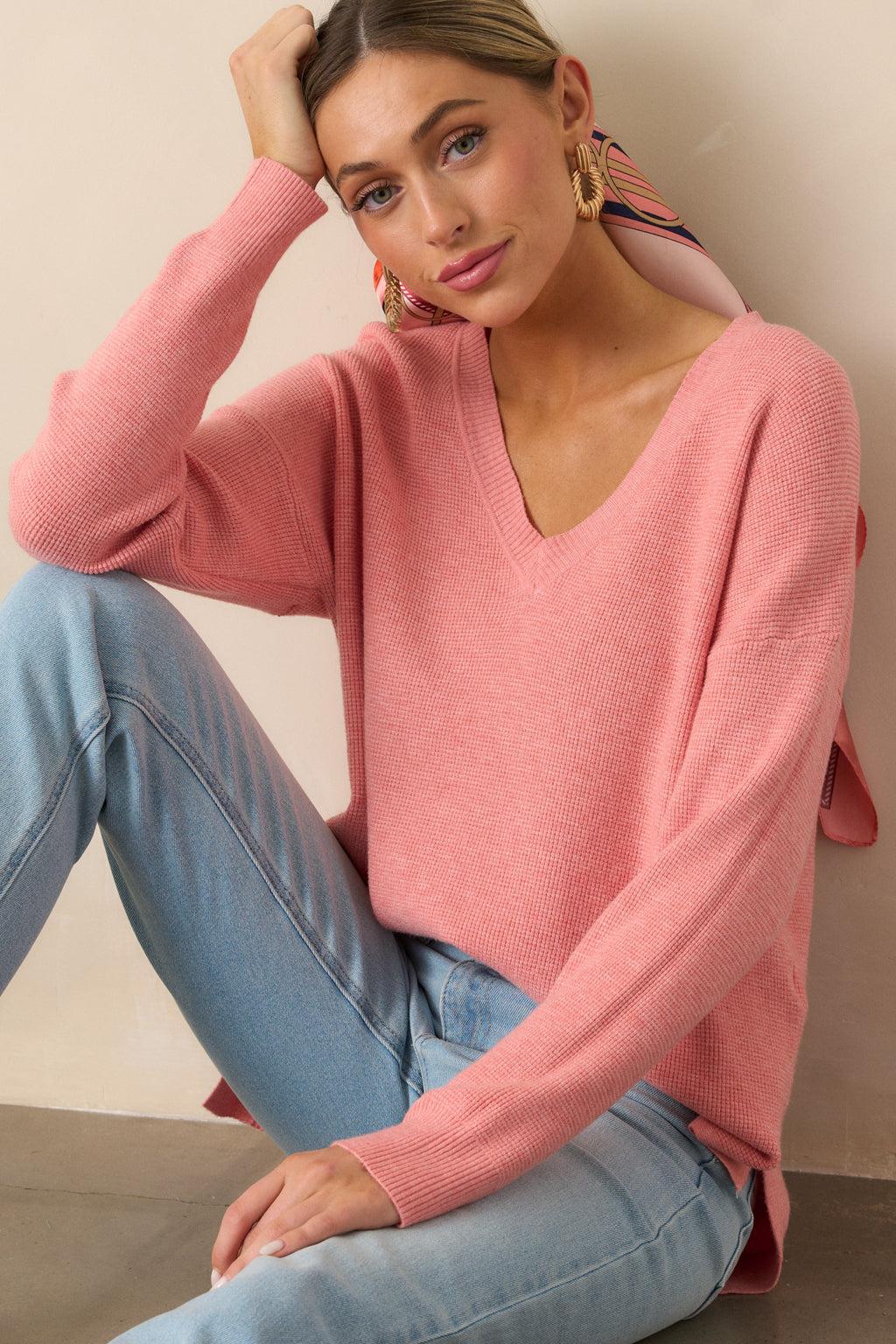 Cozy Afternoon Rose Pink V-Neck Sweater Product Image