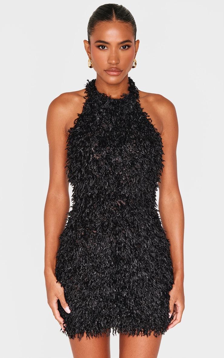 Black Faux Feather Halterneck Mini Dress Product Image