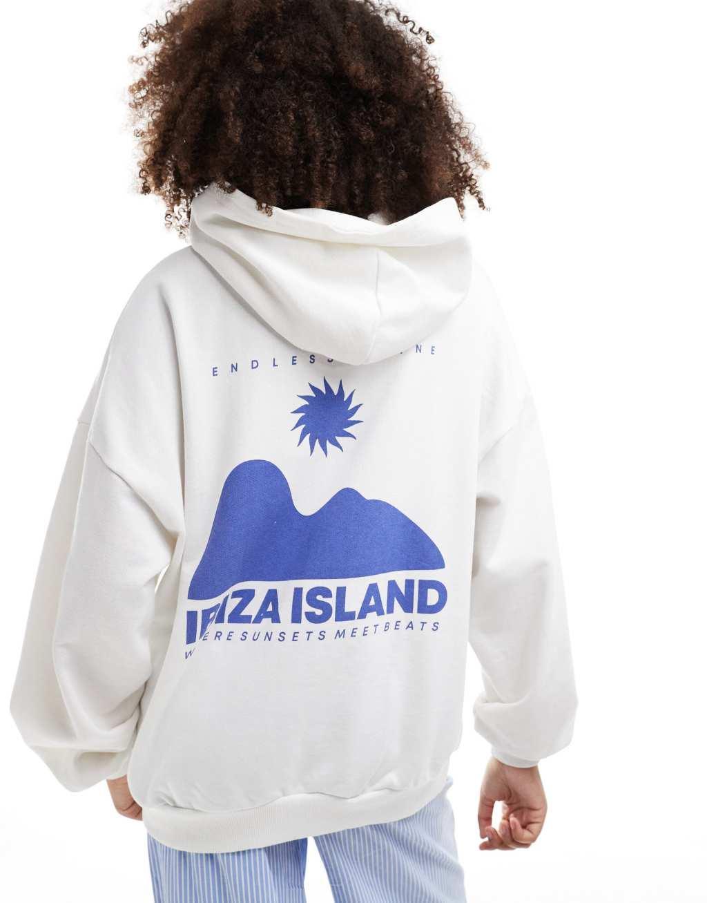 Pull&Bear Ibiza graphic oversized hoodie in white Product Image