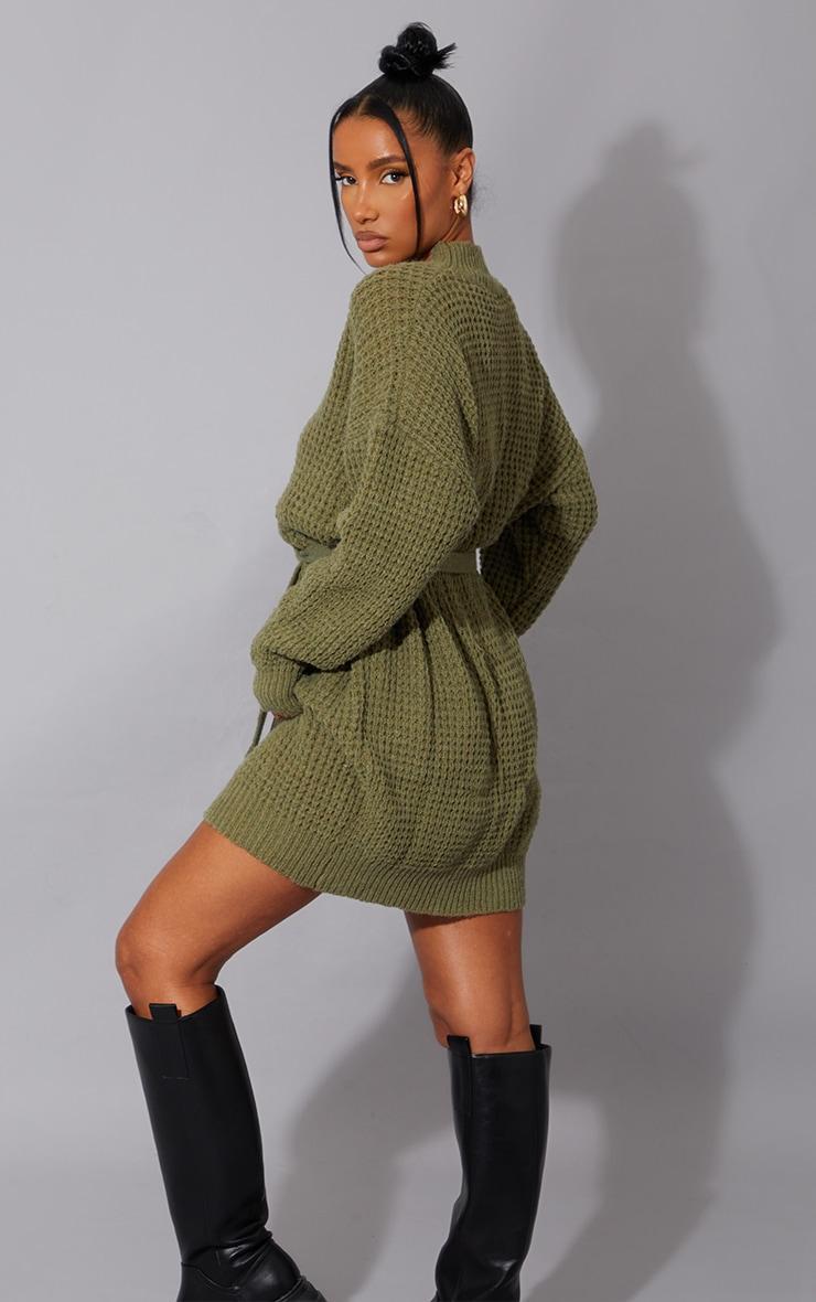 Khaki Soft Belted Knitted Sweater Dress Product Image