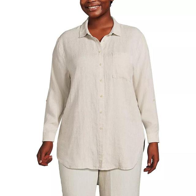 Plus Size Lands End Linen Roll Sleeve Relaxed-Fit Tunic, Womens Product Image