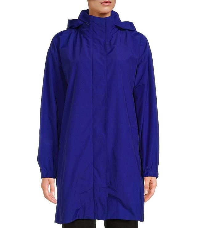 Eileen Fisher Light Cotton Stand Collar Hidden Hooded Long Sleeve Pocketed Boxy Long Coat Product Image