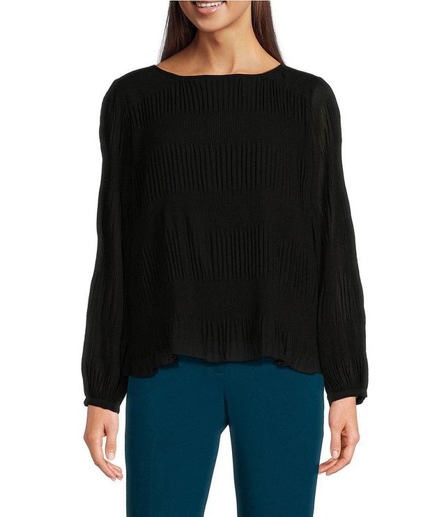 Calvin Klein Solid Chiffon Accordion Pleat Crew Neck Long Sleeve Top Product Image