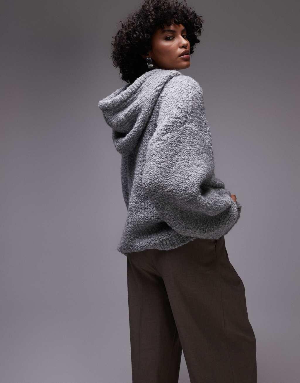 Topshop knitted premium wool blend hoodie in gray Product Image