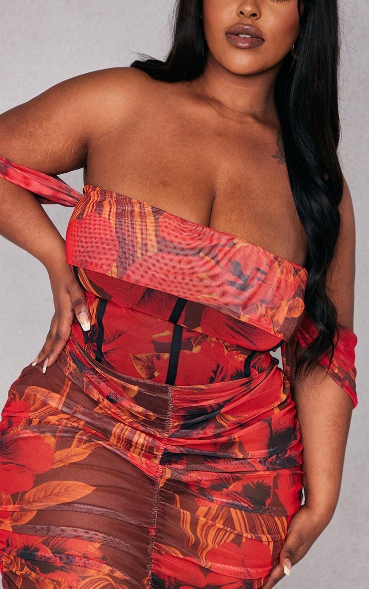 Plus Red Floral Printed Mesh Bardot Bodycon Dress Product Image