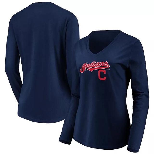 Womens Fanatics Branded Cleveland Indians Core Team Lockup Long Sleeve V-Neck T-Shirt Blue Product Image