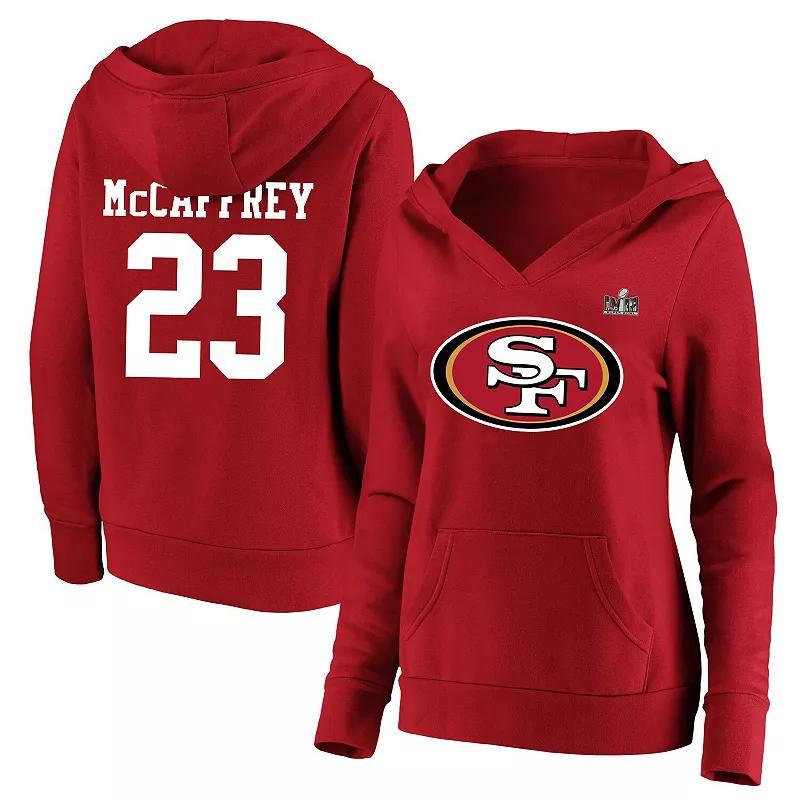 Womens Fanatics Branded Christian McCaffrey Scarlet San Francisco 49ers Super Bowl LVIII Plus Size Player Name & Number V-Neck Fleece Pullover Hoodie Product Image