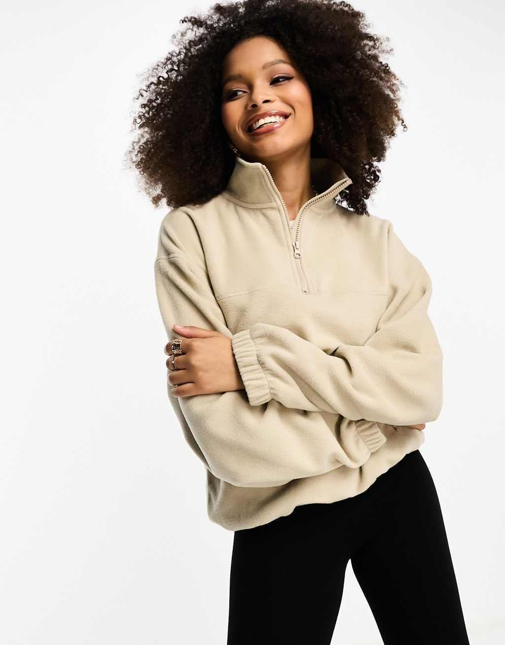 ASOS DESIGN half zip fleece in stone Product Image