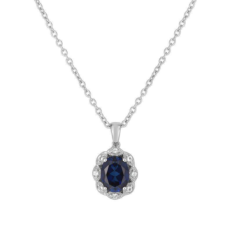 Sterling Silver Lab-Created Gemstone & White Topaz Oval Halo Pendant, Womens Created Blue Blue Product Image