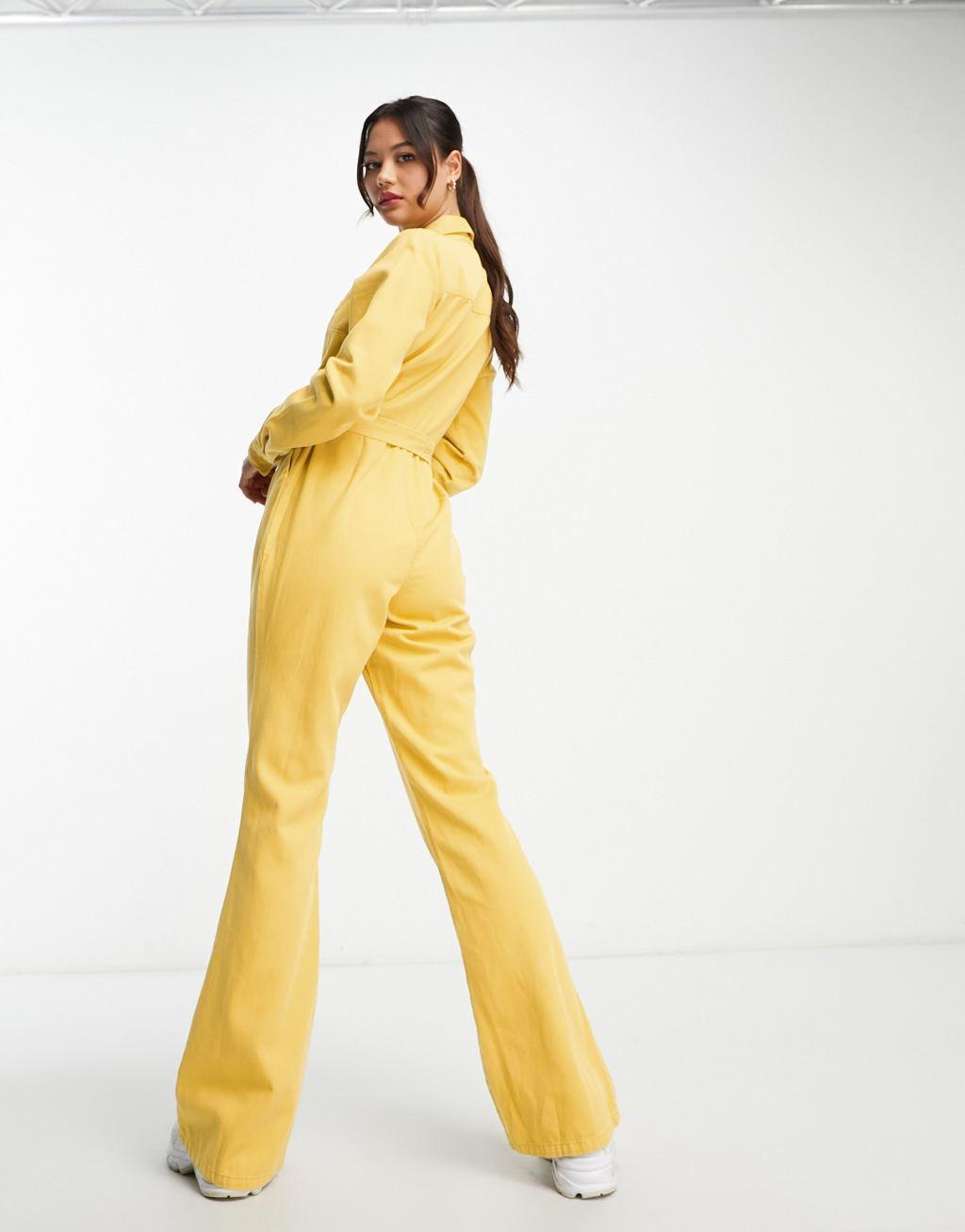 ASOS DESIGN long sleeve twill boilersuit with collar in chartreuse Product Image