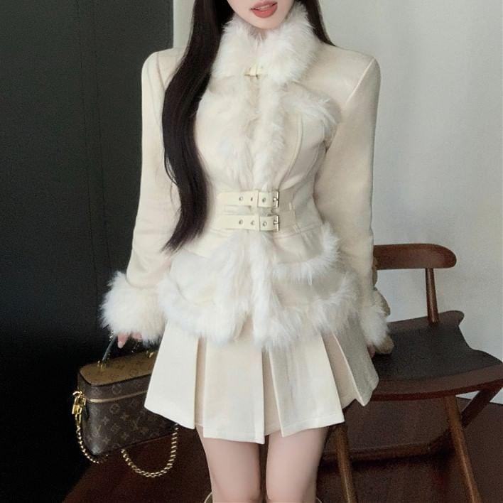 Set: Plain Fluffy Trim Buckled Jacket + High Waist Pleated Mini A-Line Skirt Product Image