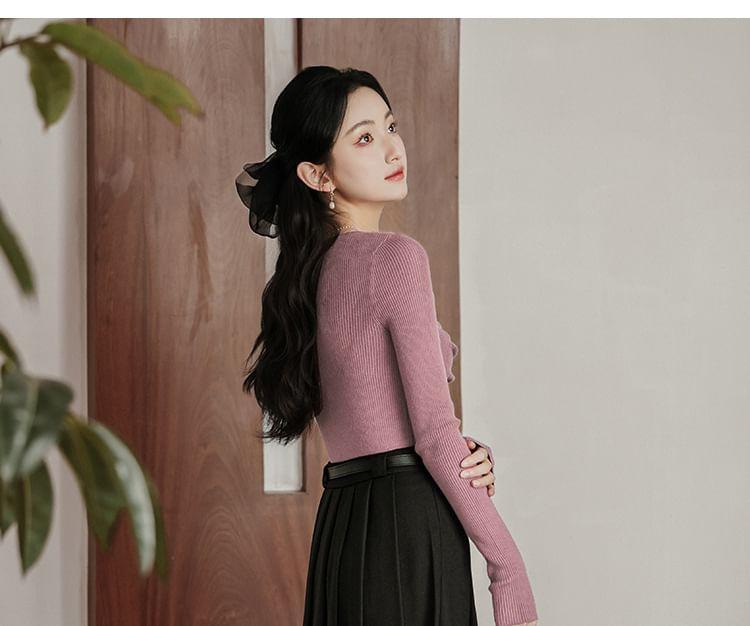 Long-Sleeve Scoop Neck Plain Knit Top / High Waist Midi A-Line Skirt / Set Product Image