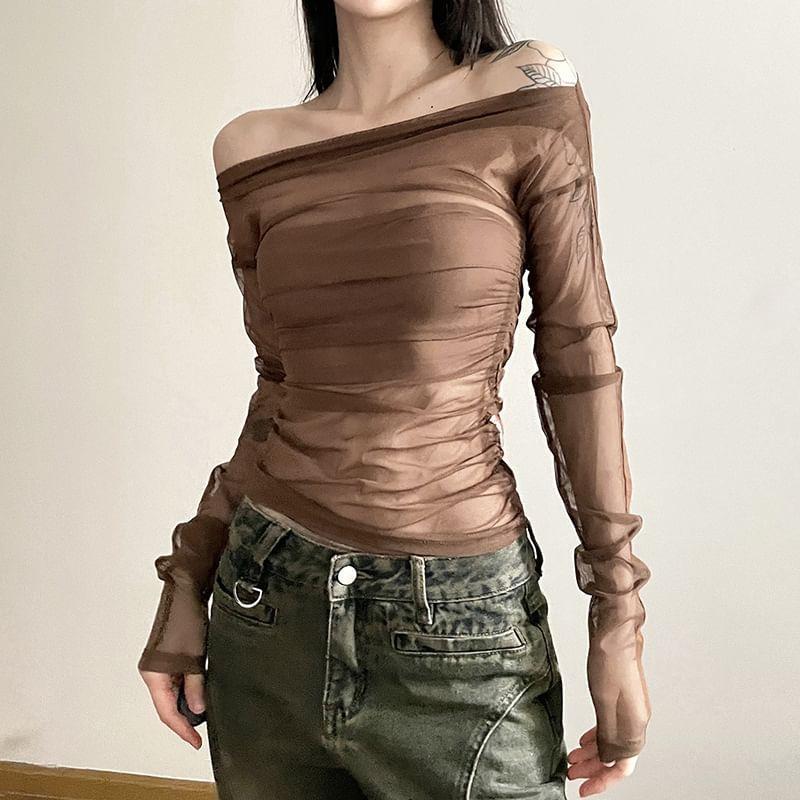 Set: Long-Sleeve Off-Shoulder Plain Mesh Slim Fit Top + Tube Top Product Image