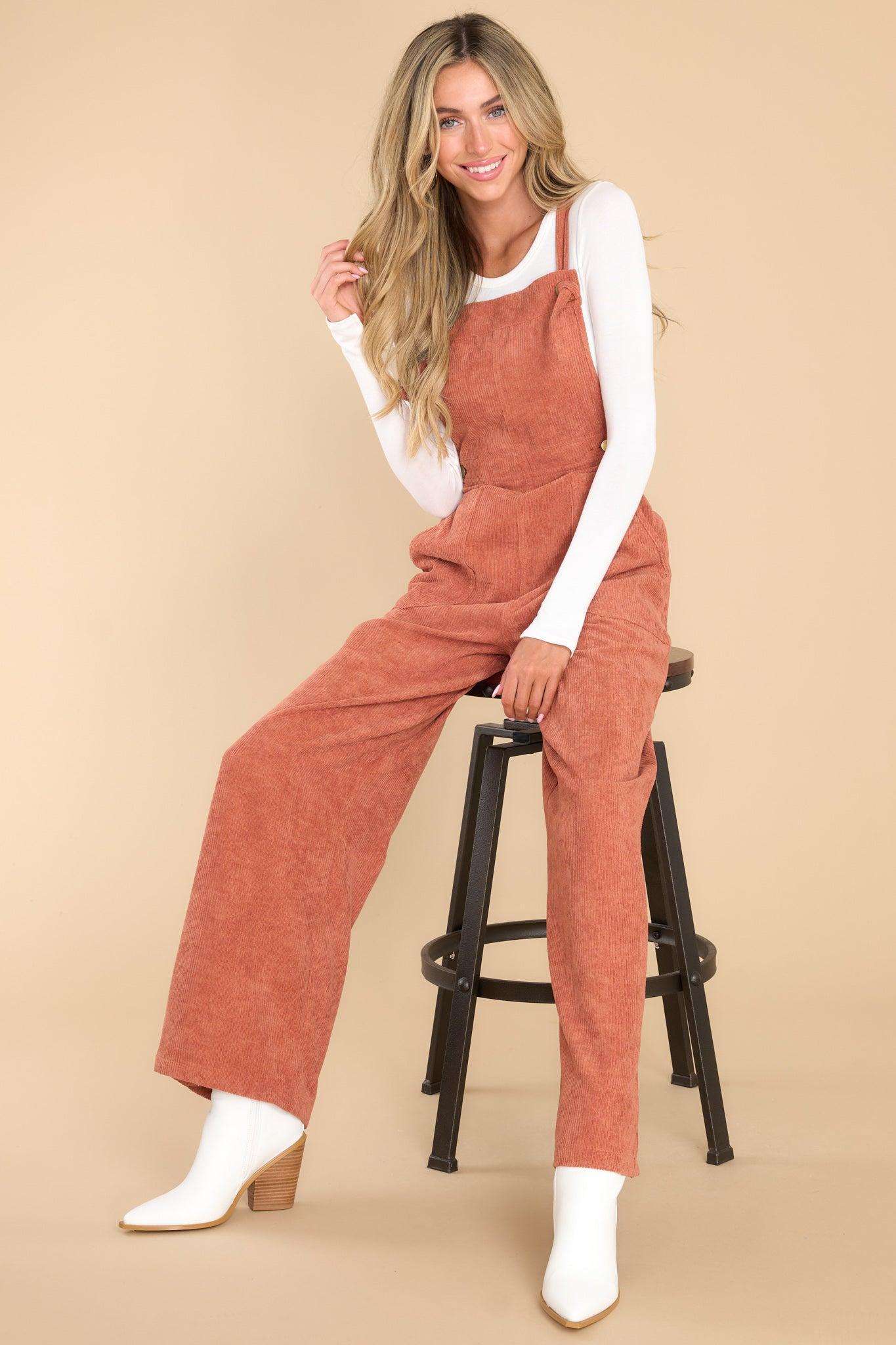 Stay Kind Terracotta Corduroy Overalls Orange Product Image