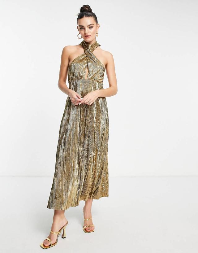 Topshop gold plisse cut out halter midi dress Product Image