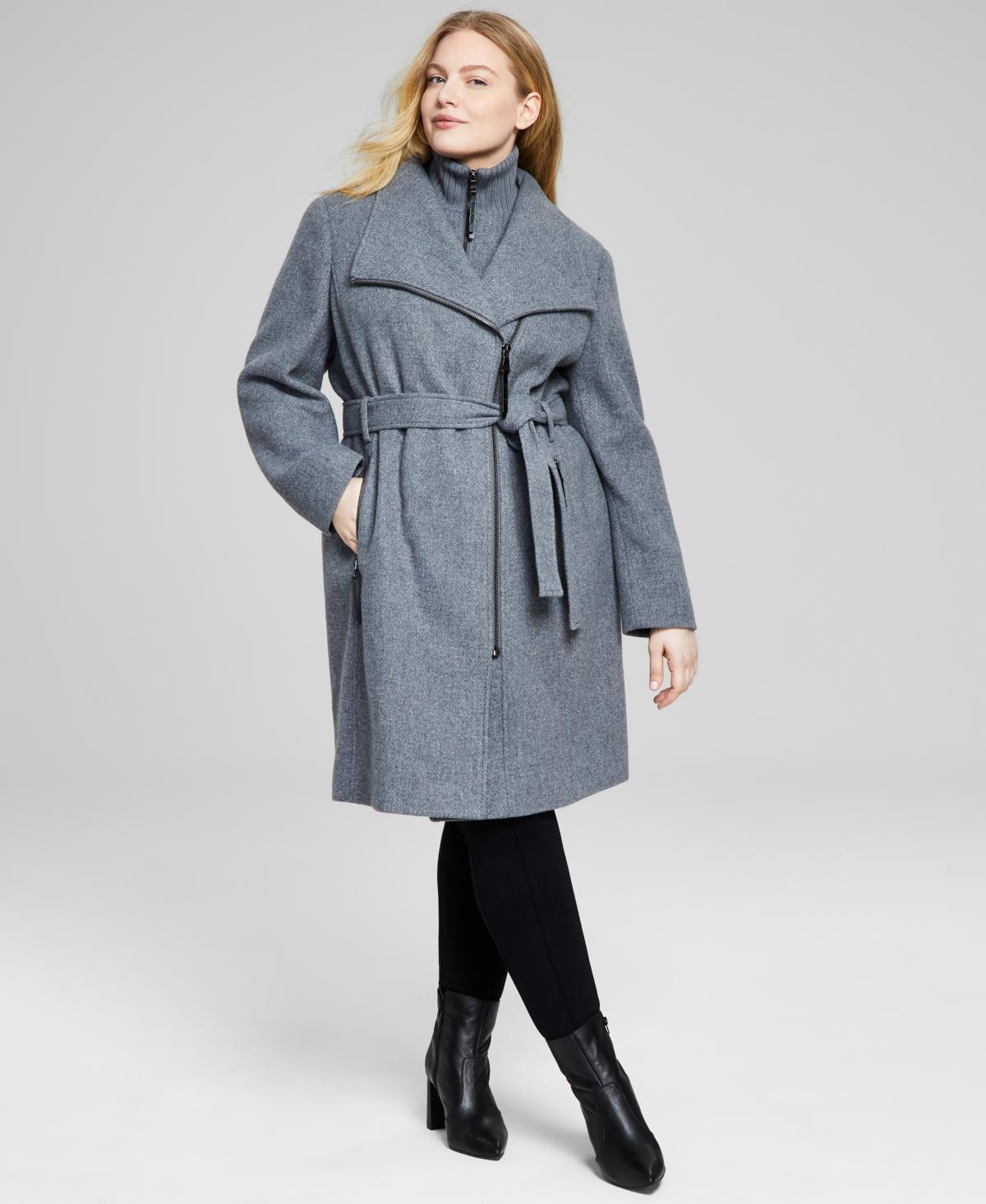 Calvin Klein Womens Plus Size Belted Asymmetric Wrap Coat, Created for Macys Product Image