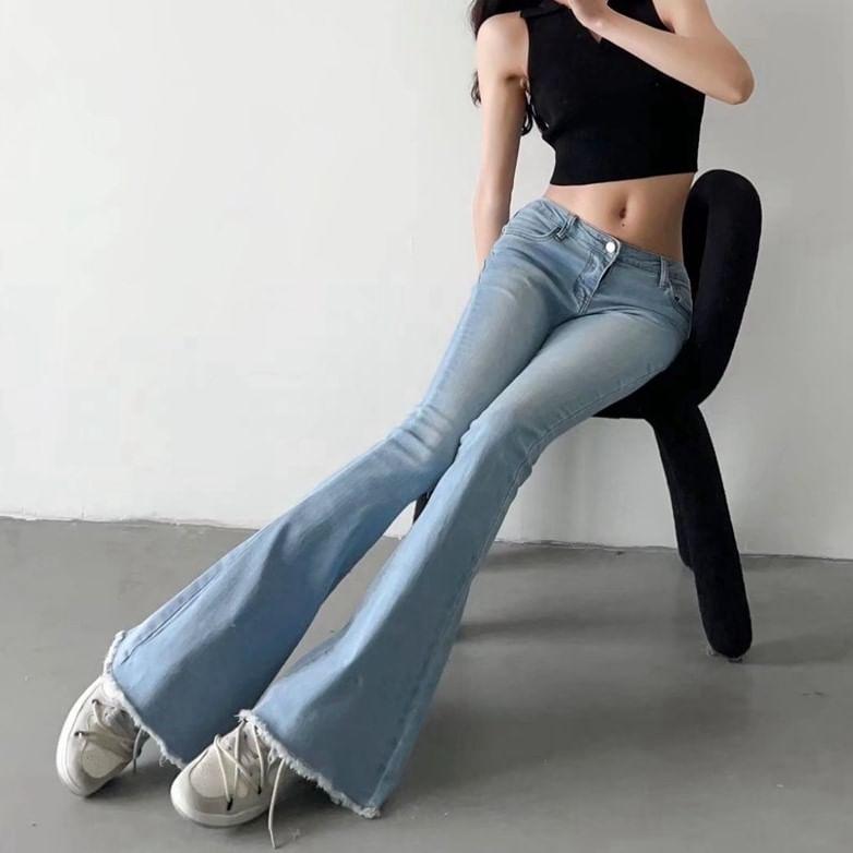 Low Waist Washed Tassel Bootcut Jeans Product Image